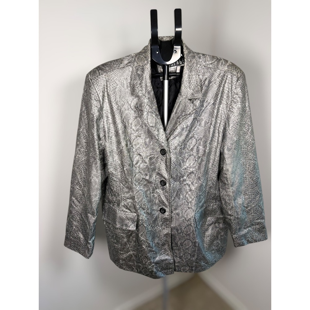 Vintage 90's Rampage Snakeskin Pattern Rain Coat Silver Grey‎ Shoulder Pads 1X